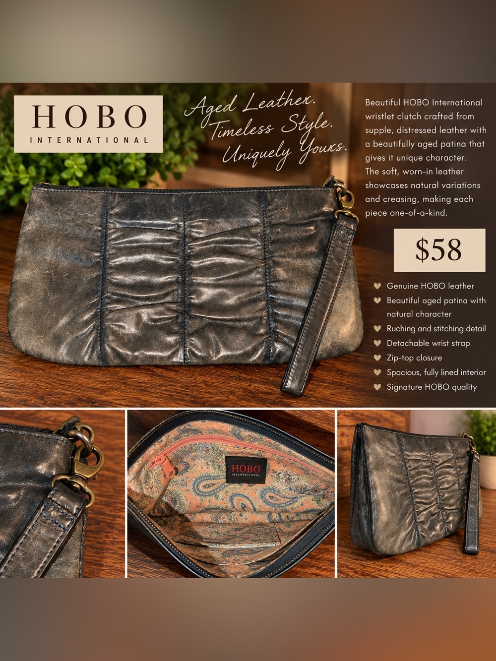 HOBO International Distressed Leather Wristlet Clutch Vintage Aged Patina